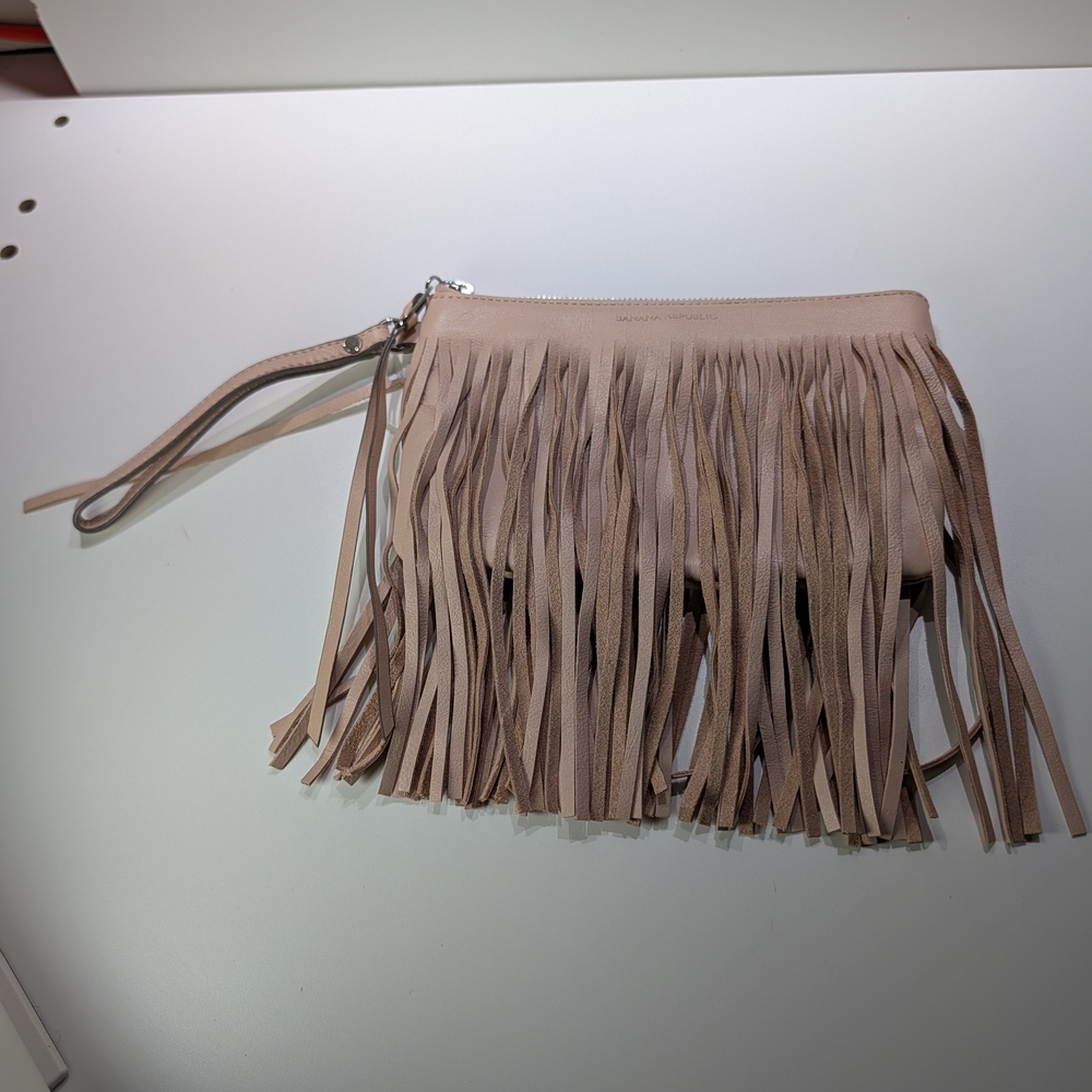 Banana Republic Fringe Leather Wristlet Clutch in Taupe